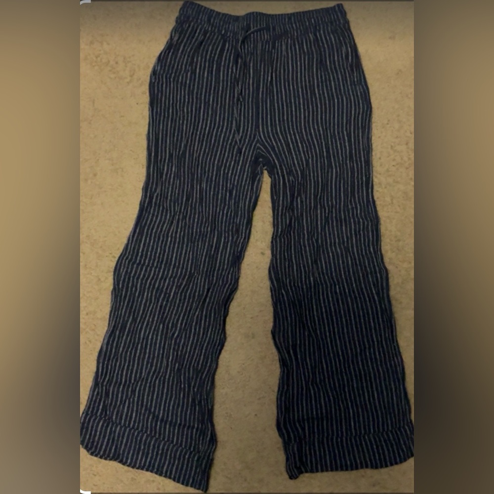Striped Linen Blend Navy Blue Wide-Leg Pants